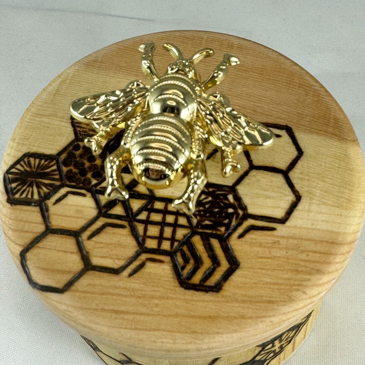 Honeybee Honeycomb Wood Burned Trinket Box with Bee Knob