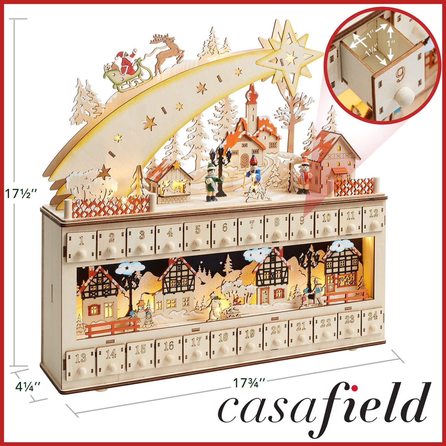Casafield Wooden Christmas Advent Calendar with Drawers, Christmas Countdown LED Holiday Decoration with Shooting Star and Light Background