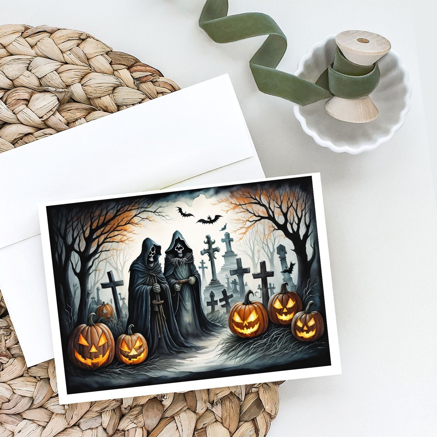 Edge Collections - 5" x 7" - Black - Grim Reaper Halloween Greeting Cards with Envelopes - 8 Pieces