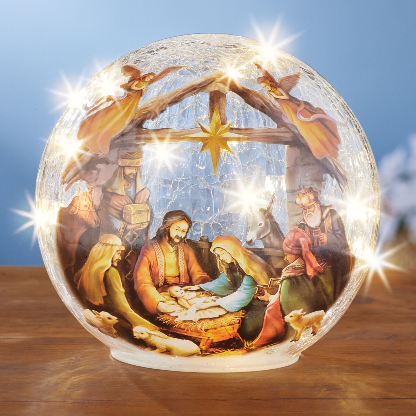 Collections Etc Nativity Scene Lighted Crackled Glass Ball