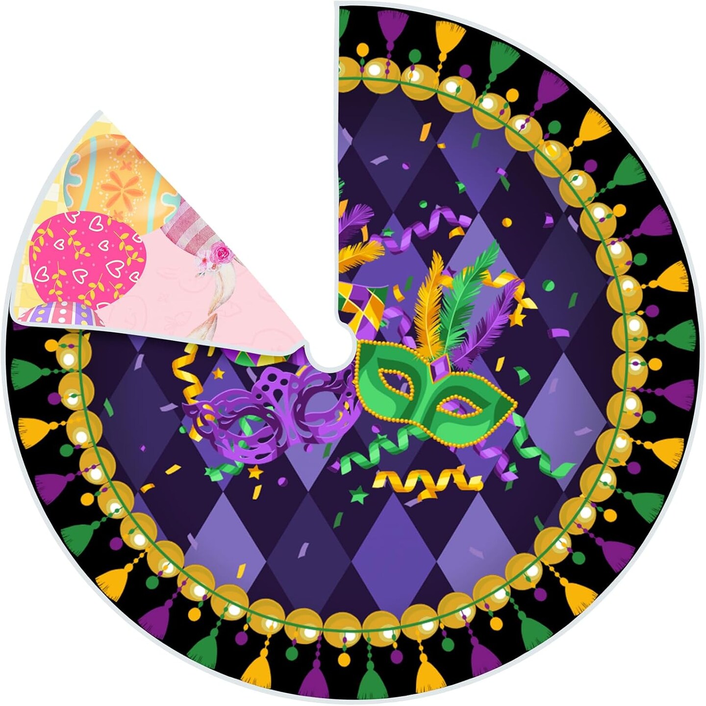 36 Inch Mardi Gras Tree Skirt Carnival Tree Skirt Easter Tree Skirt Double Sided Mat with Masquerade Mask Feather Easter Bunny Eggs Pattern Christmas Tree Skirt for Holiday Decoration (36")