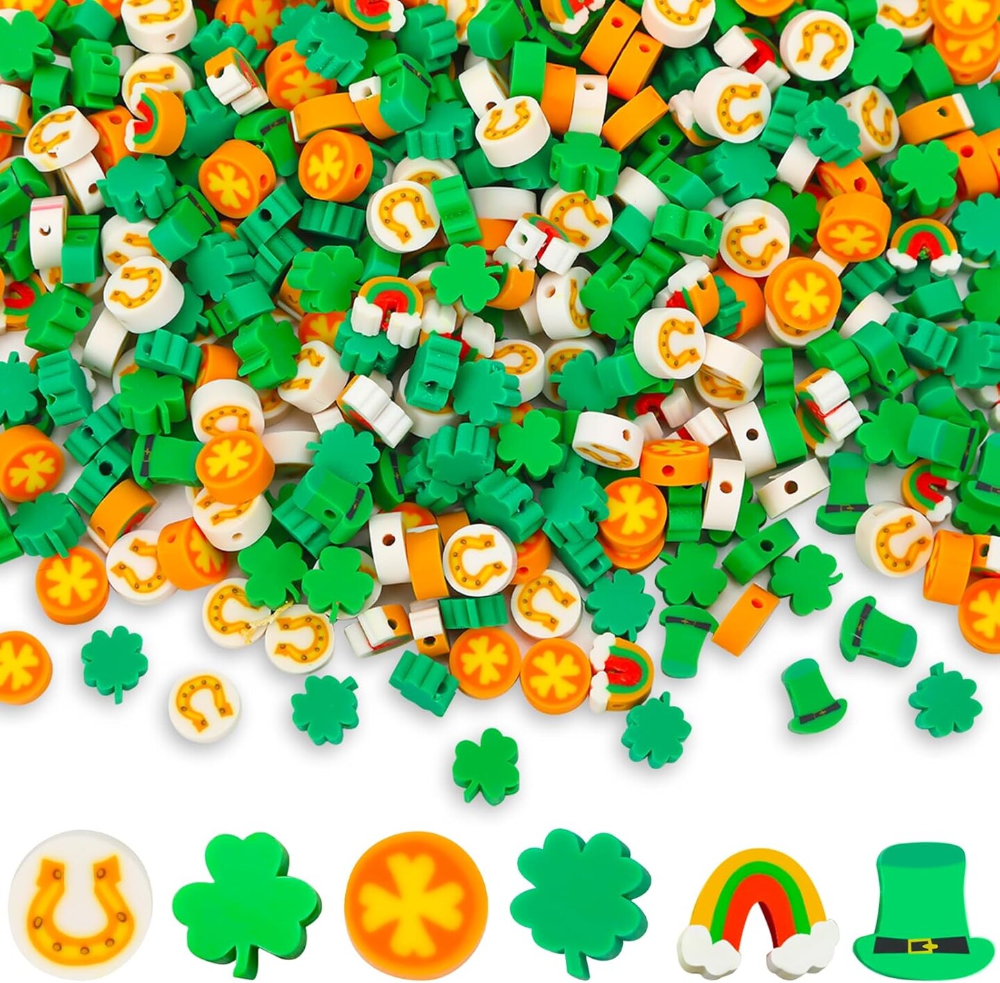 300pcs St. Patrick&#x27;s Day Polymer Clay Beads Green Shamrock Hat Coins Rainbow Clay Spacer Beads for St. Patrick&#x27;s Day Jewelry Making DIY Bracelet Necklace Accessories Craft Supplies