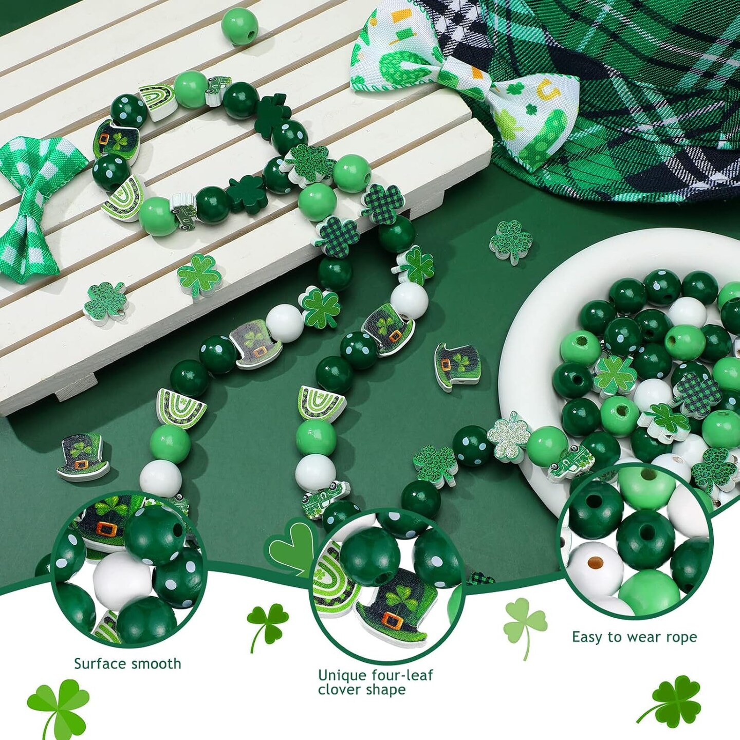 200 Pieces St. Patrick&#x27;s Day Wood Beads Green Wood Spacer Round Beads St. Patrick&#x27;s Day Wooden Craft Kits for DIY Crafts Garland Home Party Decor Ornaments (Shamrocks Style)