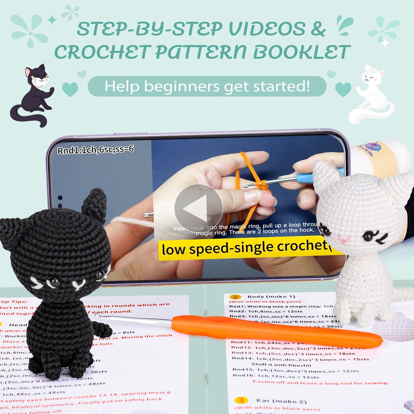 Crochet Kit for Beginners, Crochet Starter Kit with Step-by-Step Video Tutorials, Crochet Animal Kits for Adults Kids, DIY Craft Supplies (Magical Cats)