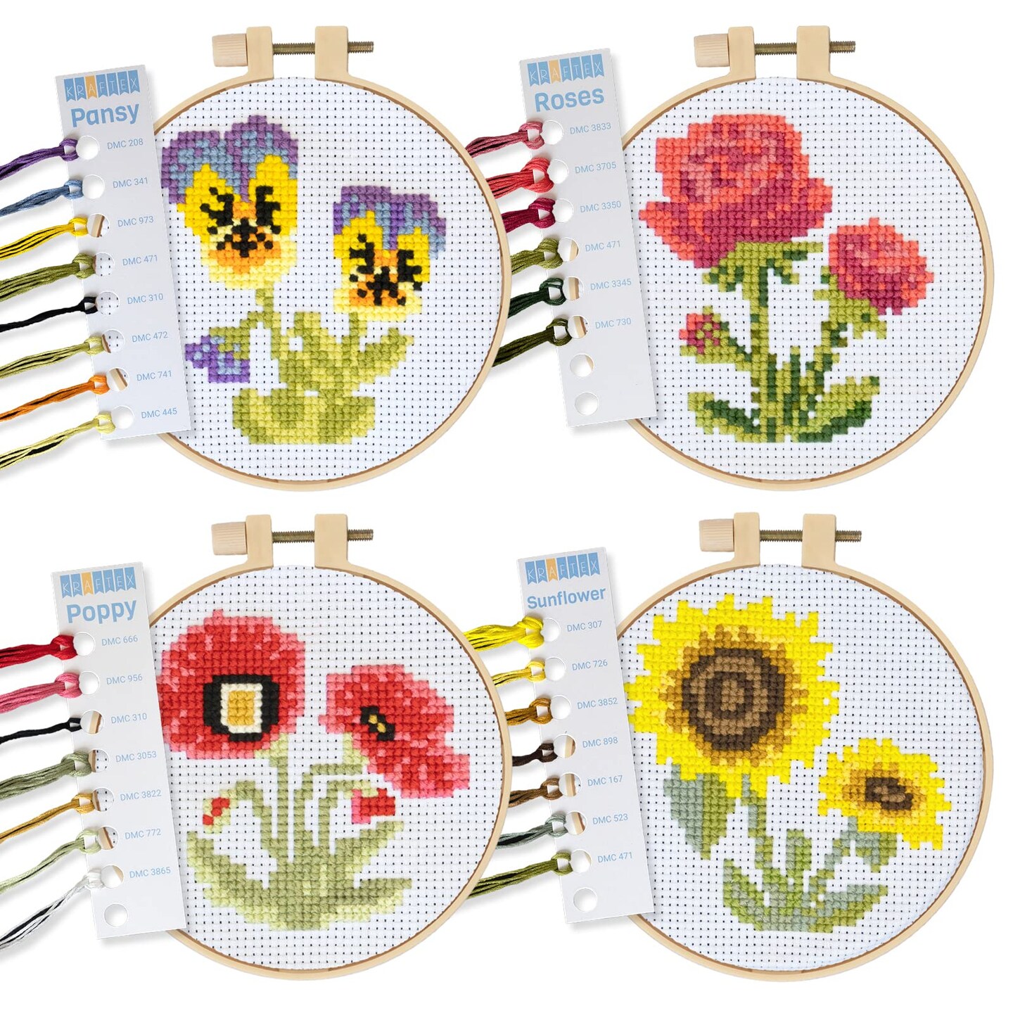 Cross Stitch Kits for Beginners (Flower Theme - 6.75 Inch - 4 Pack 1 x Embroidery Hoop) DIY Embroidery Needlepoint Patterns for Adults, Includes Poppy, Rose, Sunflower and Pansy.