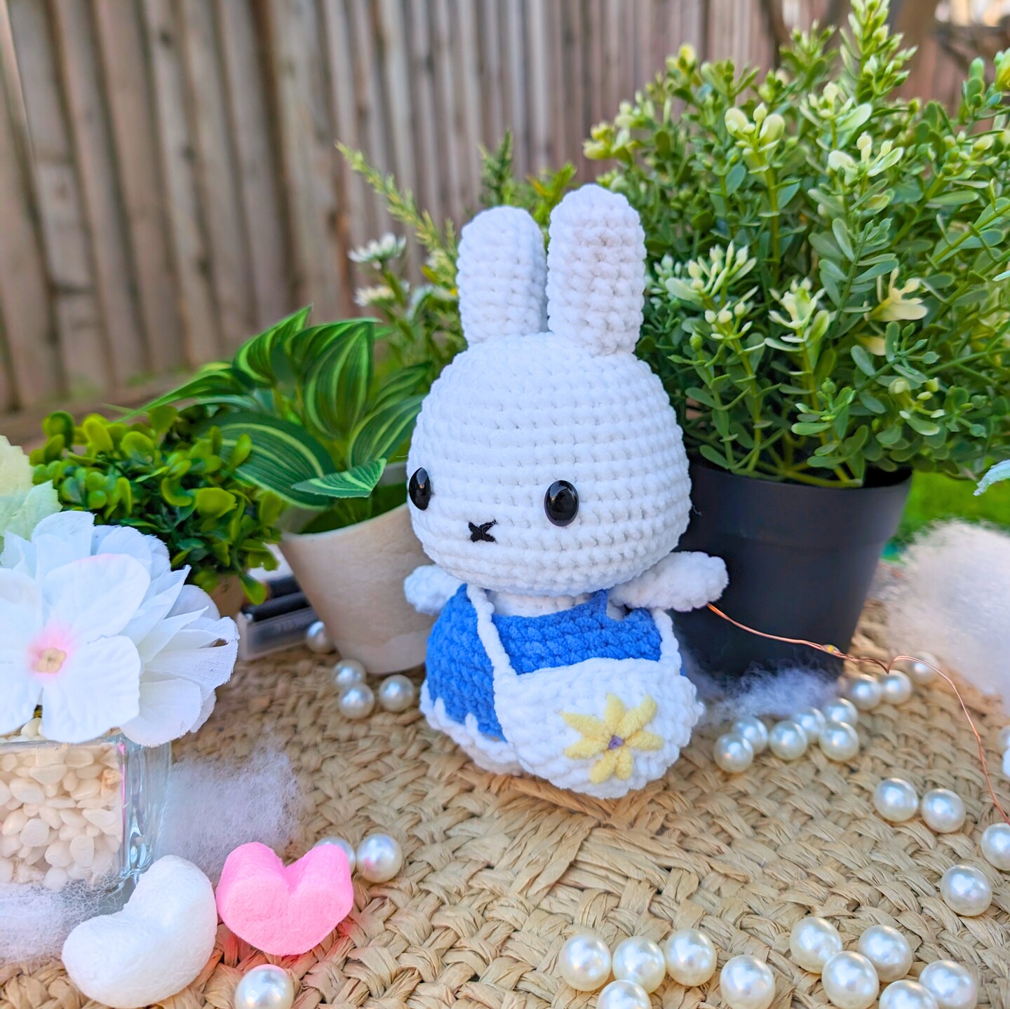 Miffyi Blue Dress with Daisy Bag Crocheted Plush, Little Bunny