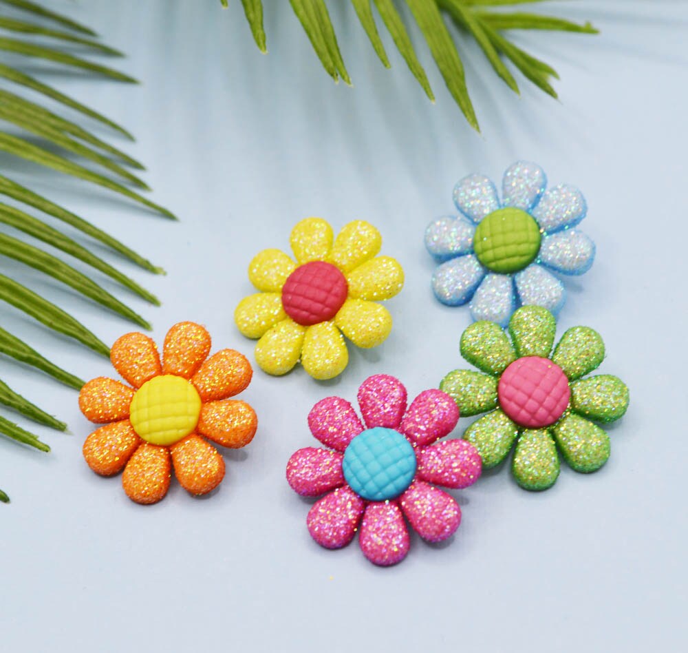 Bright Color Daisies Glittery Neon Craft Embellishments 24pcs