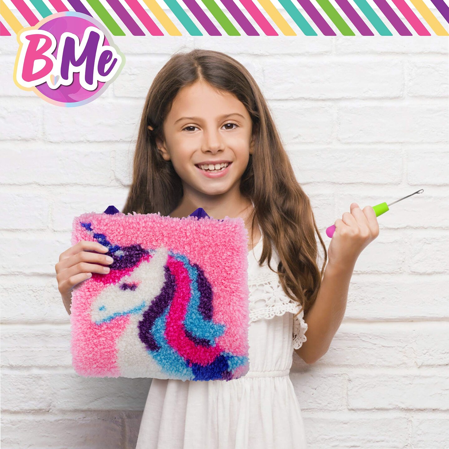 B Me DIY Unicorn Latch Hook Kit for Girls &#x2013; Mini Rug Sewing Set with 15 Colorful Yarn Bundles, Color-Coded Canvas, DIY Grils Bedroom D&#xE9;cor Idea Perfect Birthday &#x26; Gift Age 6+