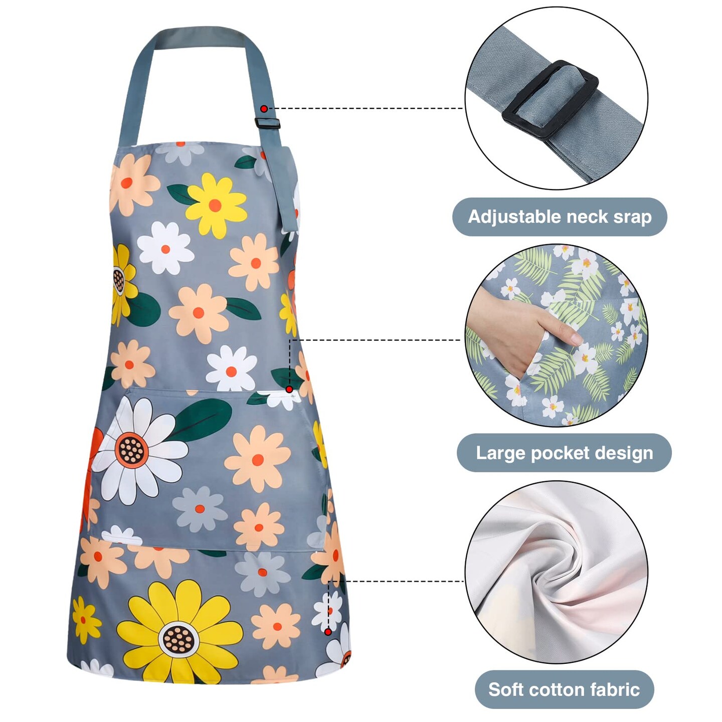3 Pack Floral Aprons with Pocket, Blooming Womens Aprons Waterproof Adjustable Cooking Aprons for Kitchen Gardening and Salon