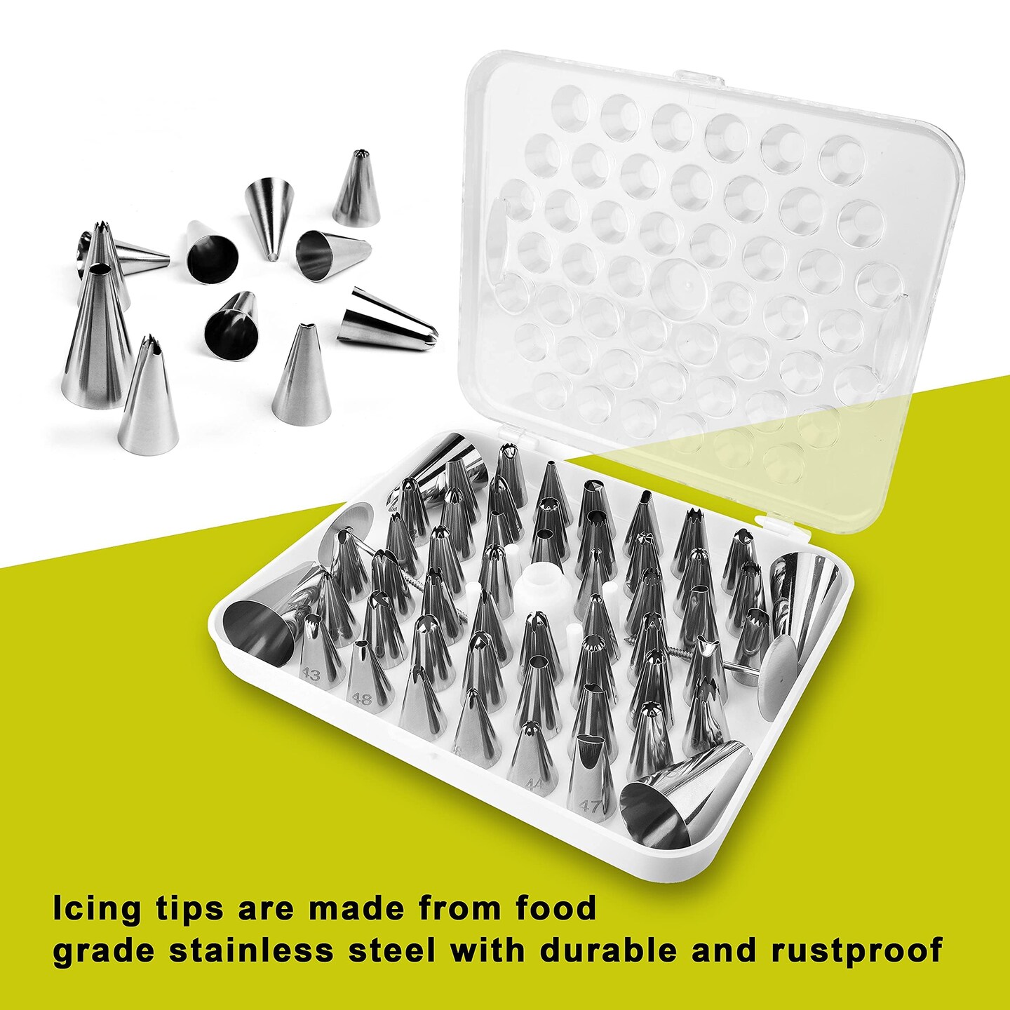 Cake Decorating kit for Beginners-52 Numbered Icing Tips with Pattern Chart,2 Flower Nails and 1 Coupler.Piping Tips Set with storage box.