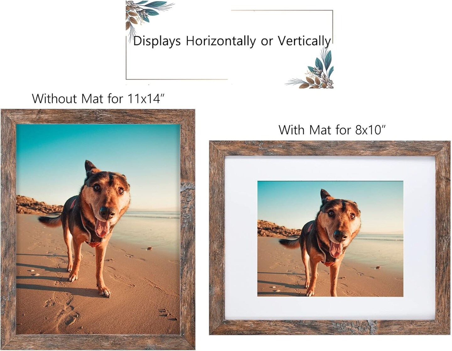 Rustic Brown 11x14 Picture Frame - Display Photos 8x10 with Mat or 11x14 Without Mat - Real Glass Inside - Set of 2