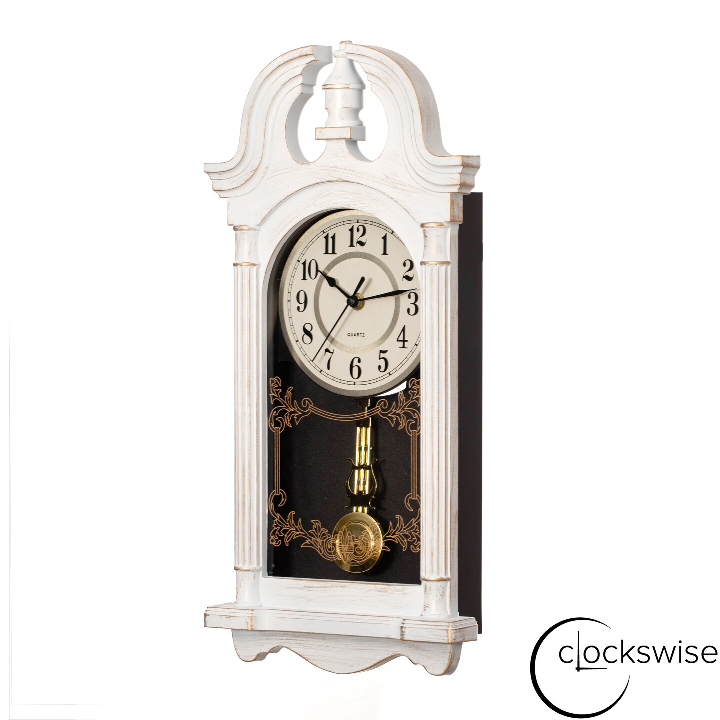 Clockswise Vintage Grandfather Wood-Looking Plastic Pendulum Decorative Battery Operated Wall Clock Brown, for Office, Home Decor, Living Room, Kitchen, or Dining Room