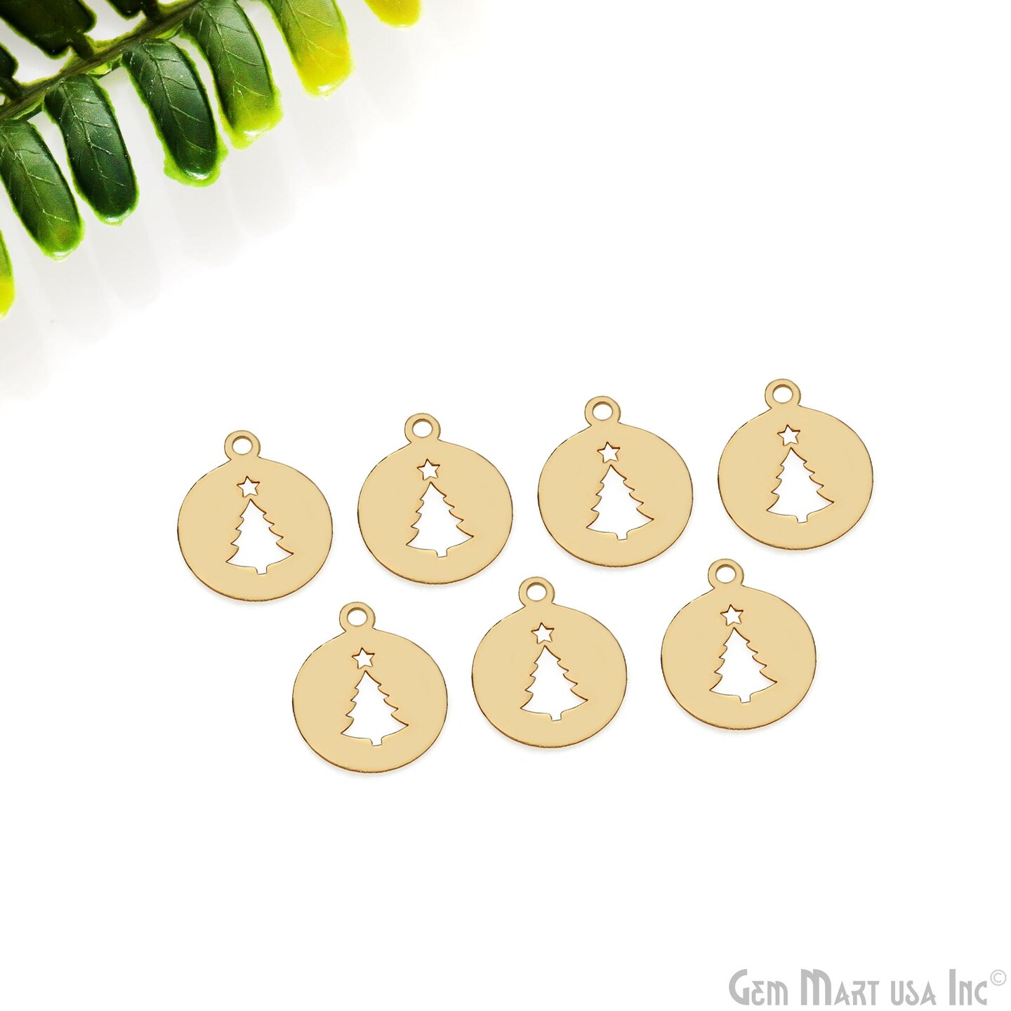 Christmas Tree Round Shape Laser Finding Gold Plated 13x16mm Charm For Bracelets &#x26; Pendants