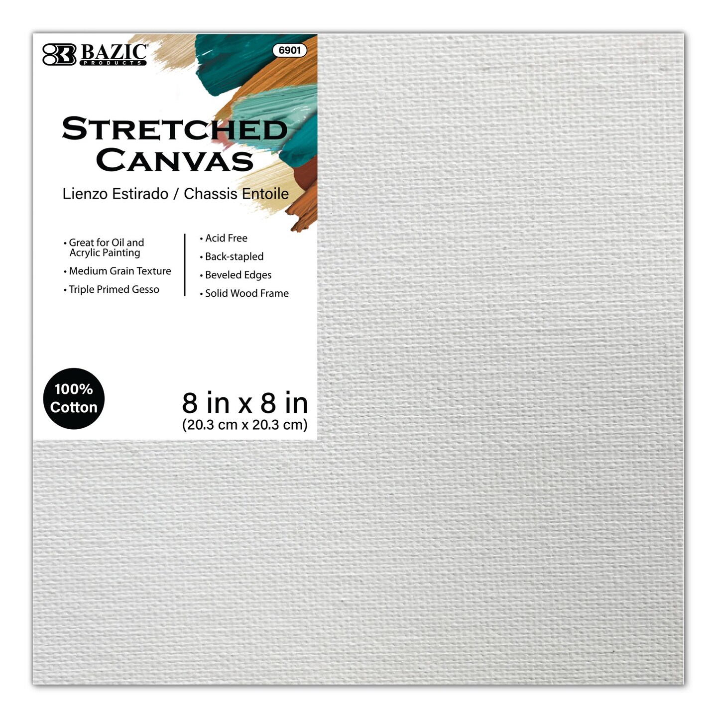 BAZIC Stretched Canvas, 8 x 8 in, 100% Cotton Triple-Primed, for Acrylic Painting, Art Class, DIY Wall Art