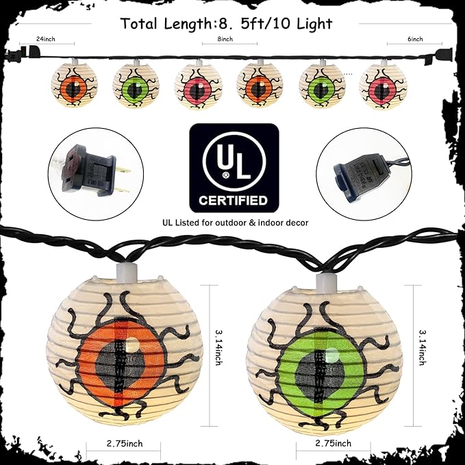 Halloween Lantern String Lights, 8.5Ft LED White Eye Lantern String Lights Plug in, 10 Halloween Lanterns String Light Connectable Indoor/Outdoor Decoration