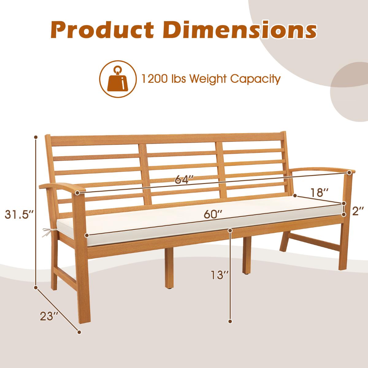 Outdoor Wood Bench 64 Inch with Backrest Cushion, Patio Porch Seating Natural Finish
