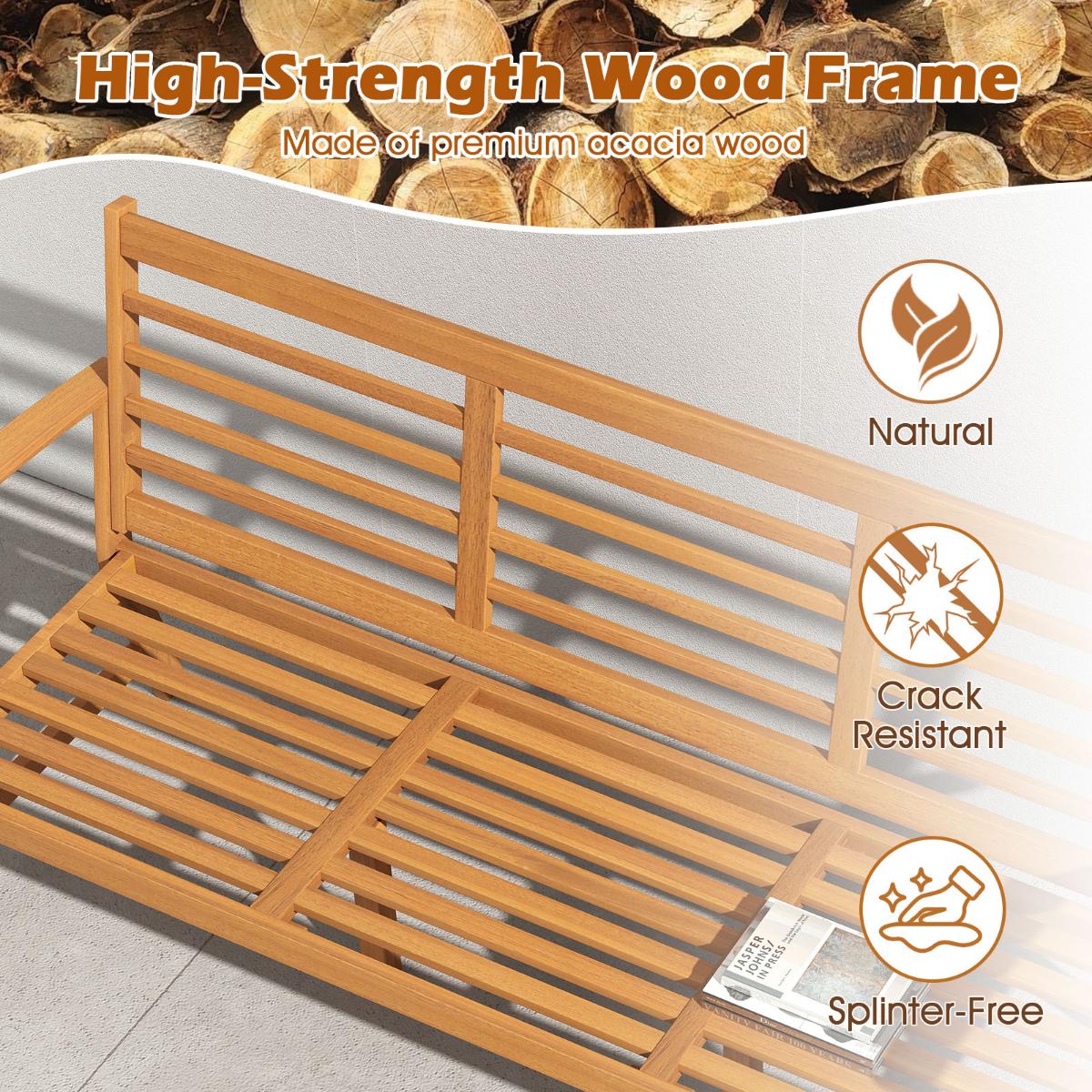 Outdoor Wood Bench 64 Inch with Backrest Cushion, Patio Porch Seating Natural Finish