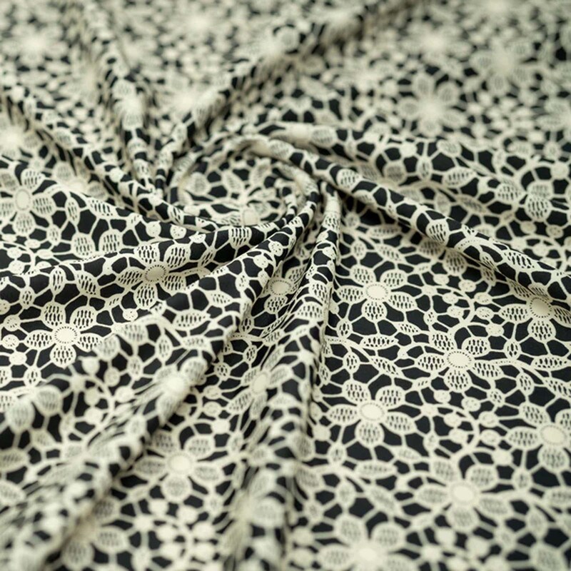 Ivory Flower Lace Pattern on Black Printed Spandex Fabric