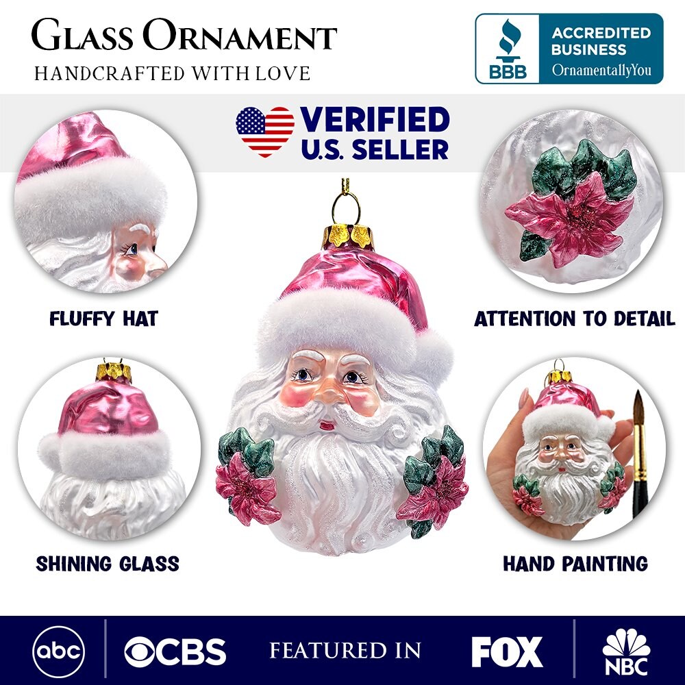 Enchanting Pink Santa Head Glass Ornament, Vintage Christmas Tree Decor
