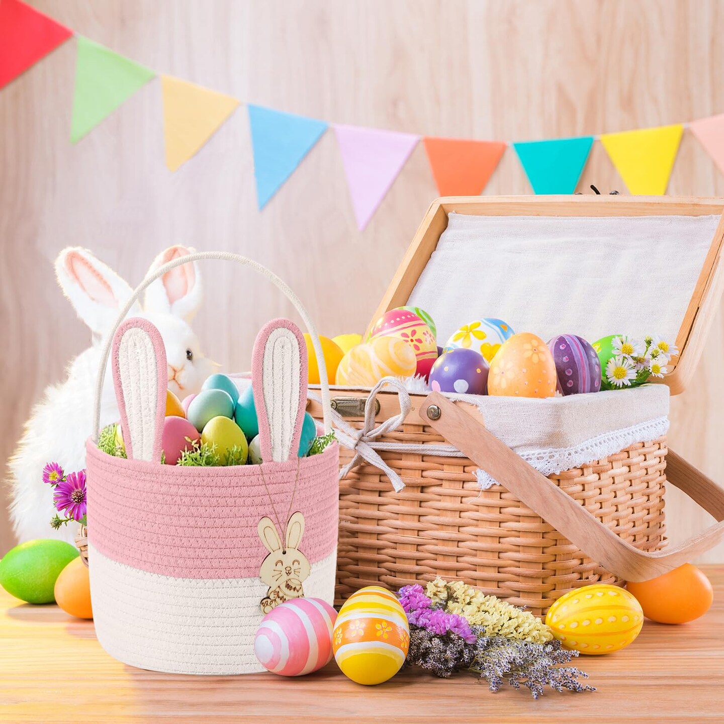 Easter Bunny Basket for Kids – Woven Cotton Rope Gift Basket with 3D Bunny & Wooden Pendant – Pink, Ideal for Toddlers, Boys & Girls