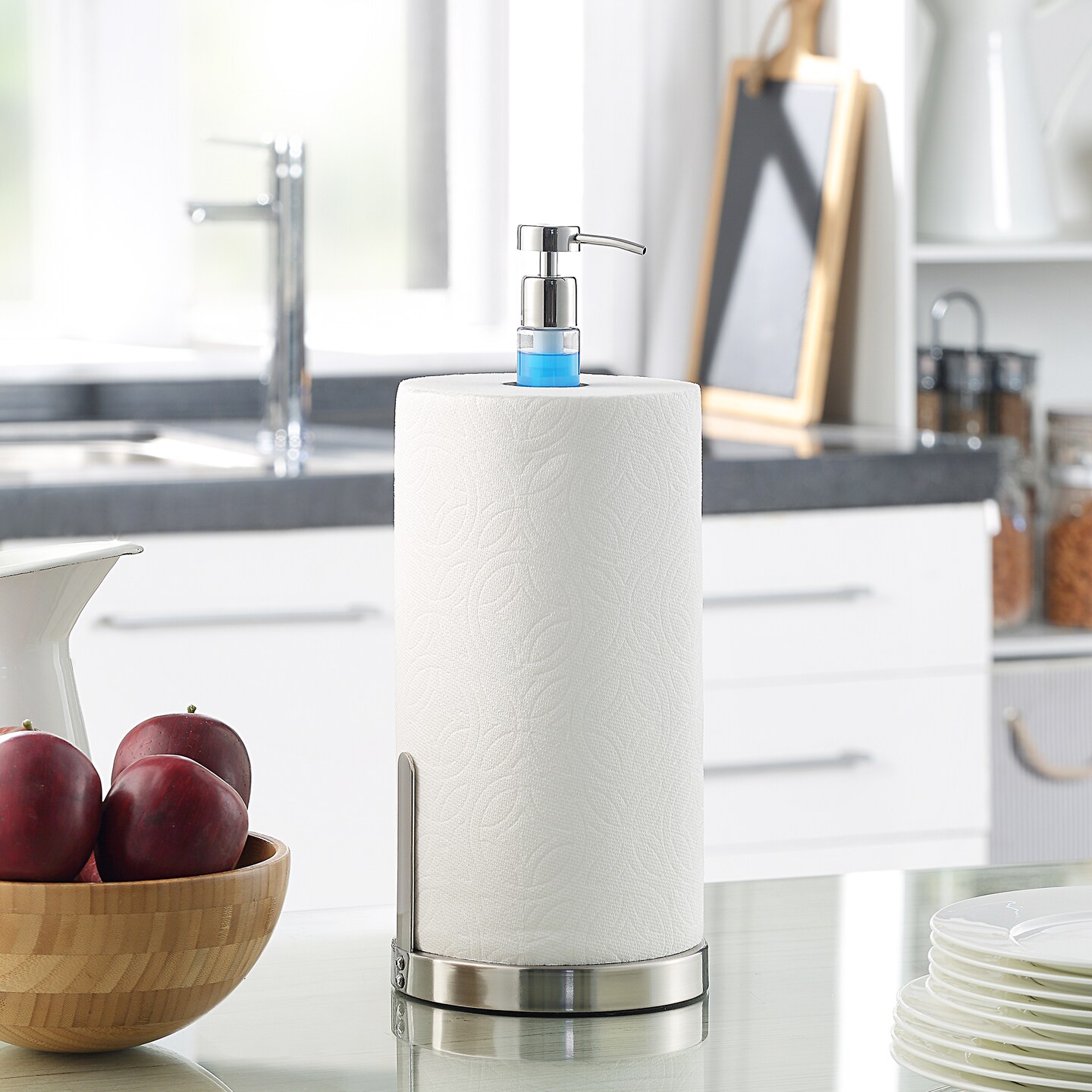 Heavy Weighted Paper Towel Holder Stand Dispenser Built-in Pump Bottle