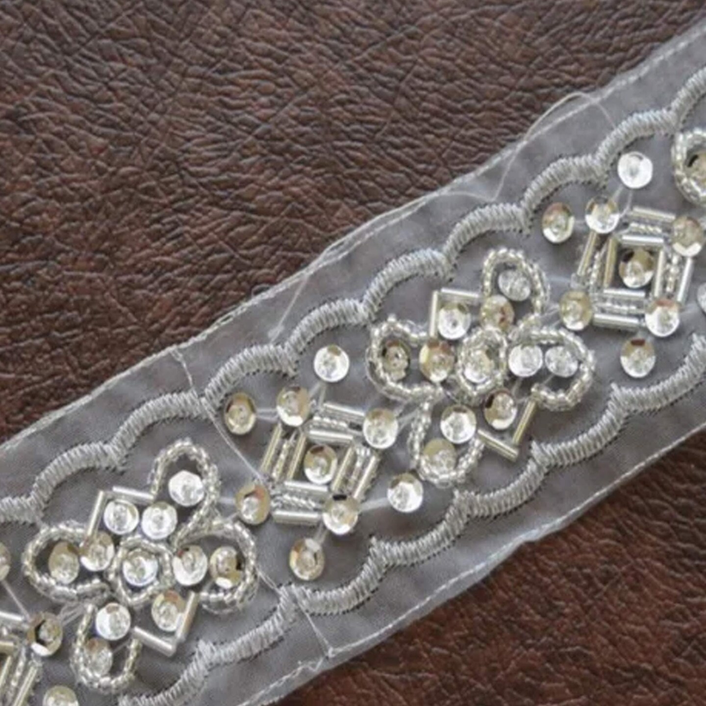 1 Yard 2 Inch Width Silver Beaded Sequined Sheer Organza Lace Trim