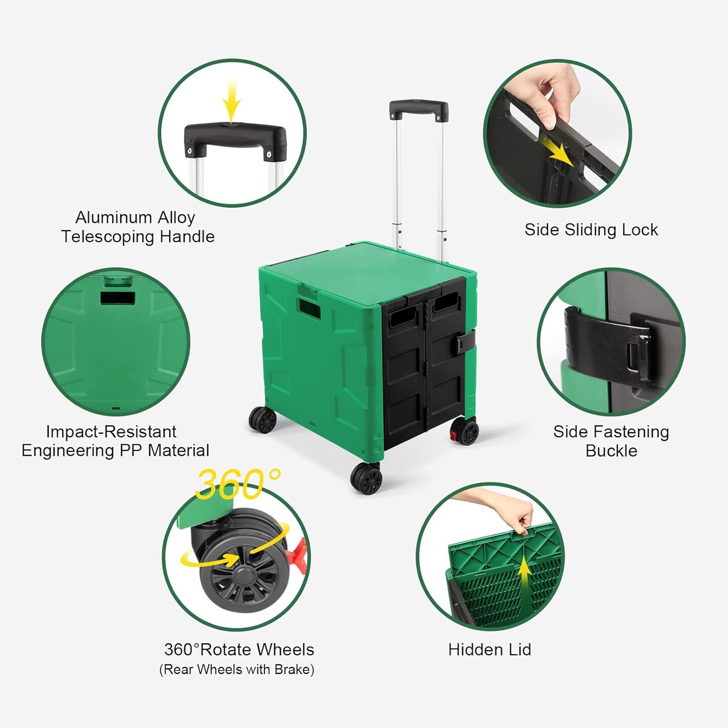 Folding Utility Cart Rolling Crate Handcart with Durable Heavy Duty Plastic Telescoping Handle Collapsible Hidden Lid 4 Rotate Wheels for Travel Shop Move Office Teacher Use(Dark Green&Black)