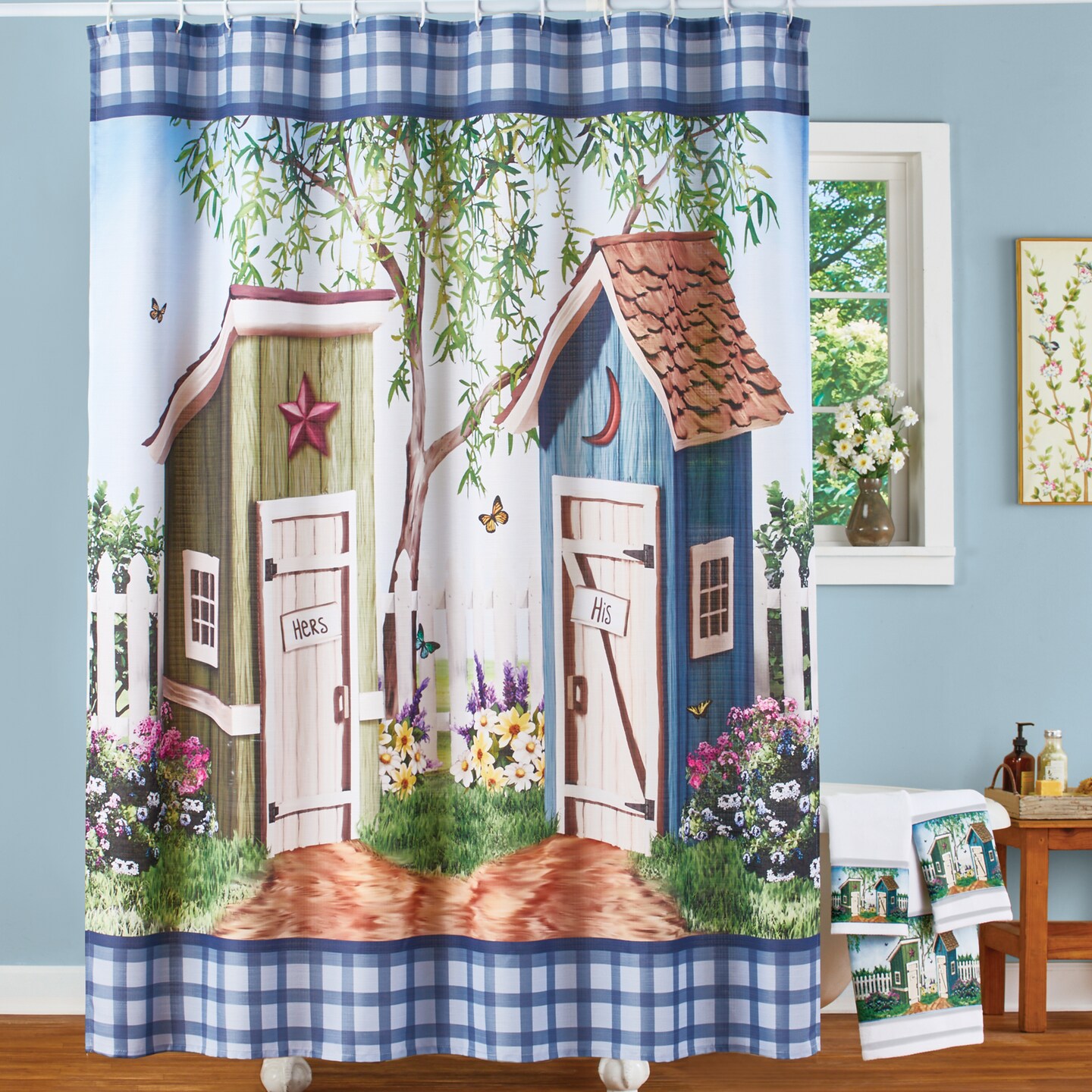 Collections Etc His & Hers Garden Outhouse Scene Bathroom Shower Curtain