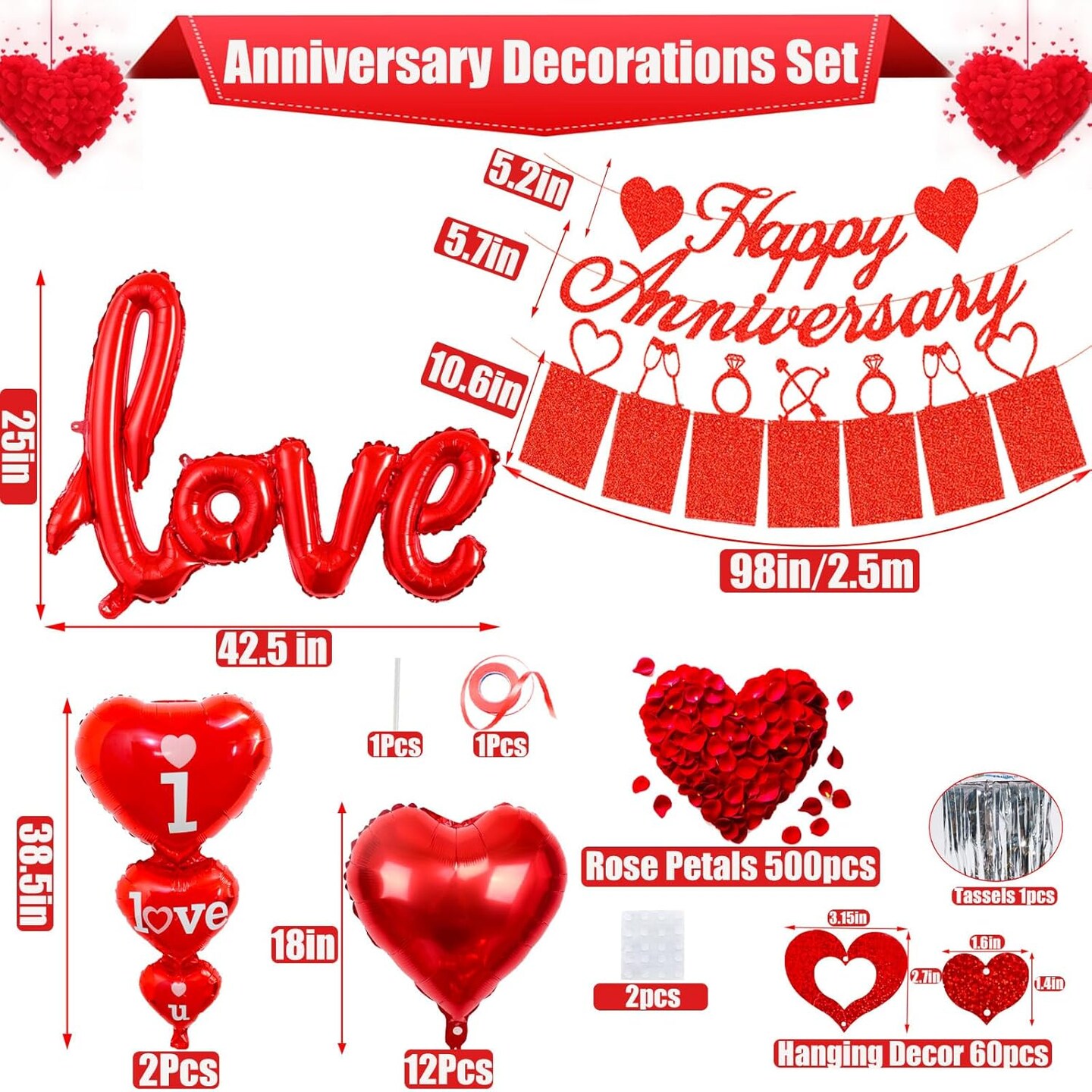 Happy Anniversary Decorations Set - Banner, Balloons, Photo Banner, Rose Petals