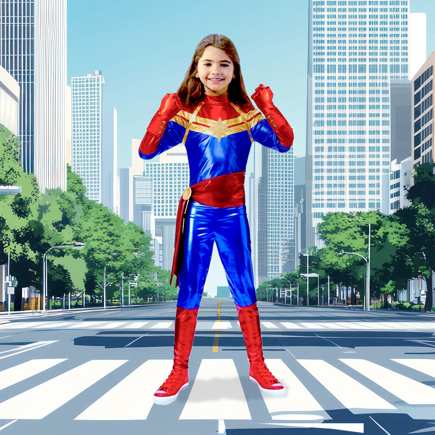 Rubies Blue and Red Girls Children Halloween Captain Marvel Costume - Large 10-12