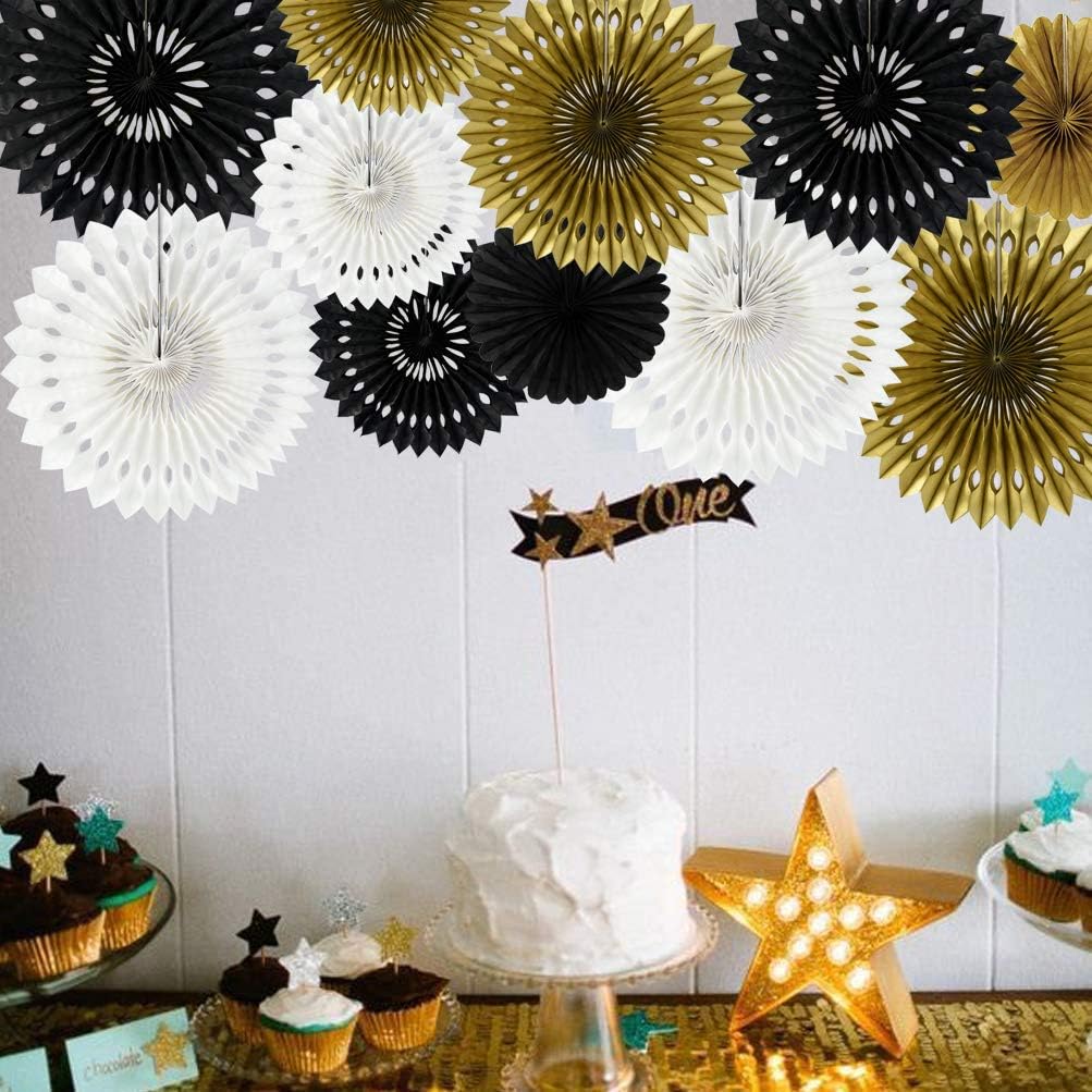 11packs - Black Gold White Hanging Honeycomb Round Paper Fans Decoration (Black Gold White)