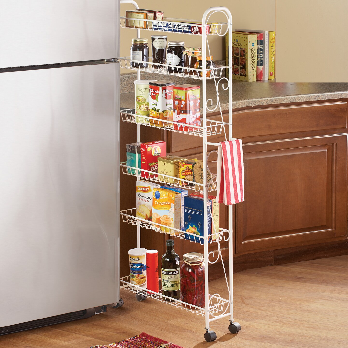Collections Etc Slim Rolling Pantry 6-Tier Shelf, White Metal with Elegant Scroll Design Accent - Extra Kitchen and Bathroom Storage