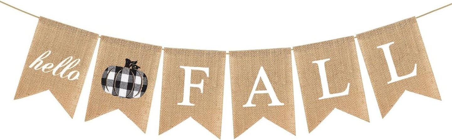 Hello Fall Burlap Banner Buffalo Check Plaid Jute Burlap Pumpkin Garland