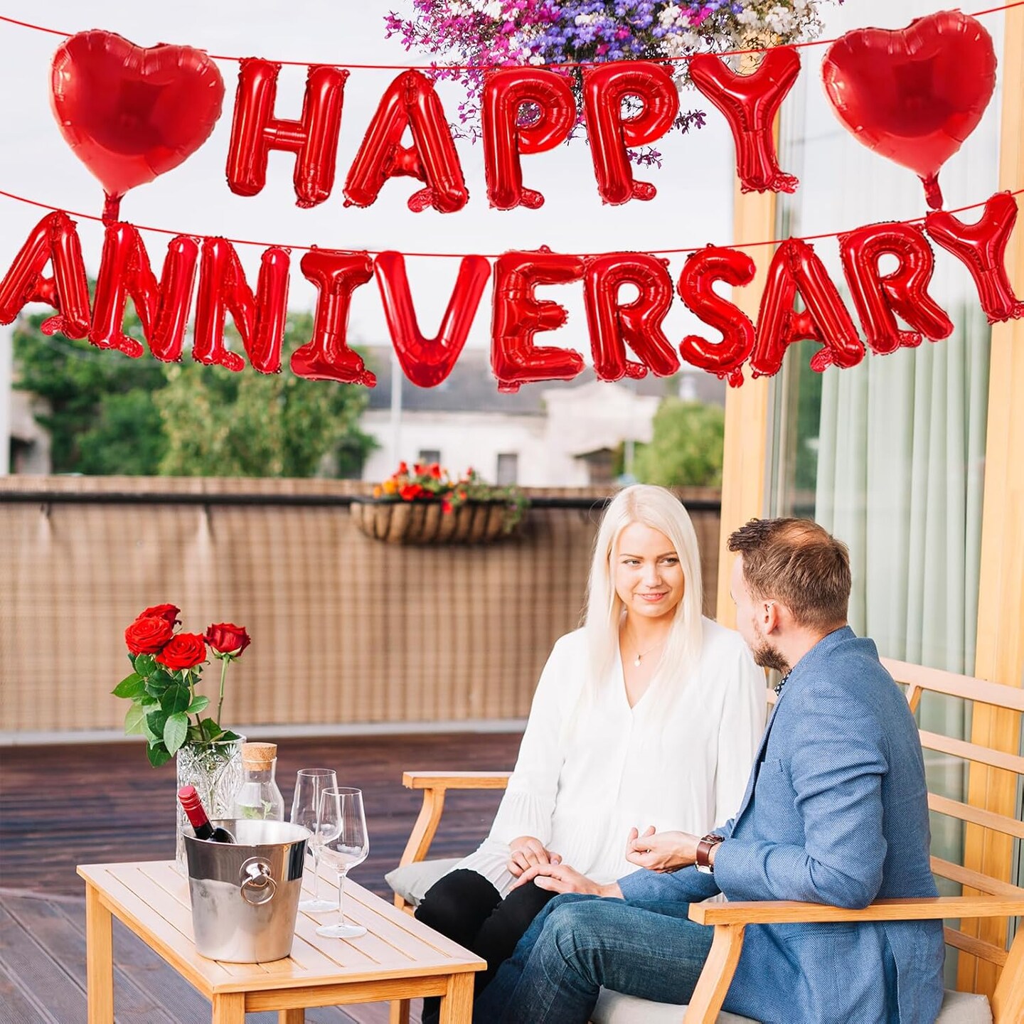 16" Red HAPPY ANNIVERSARY Letter Balloons with 18" Heart-Shaped Foil Balloons (Red)
