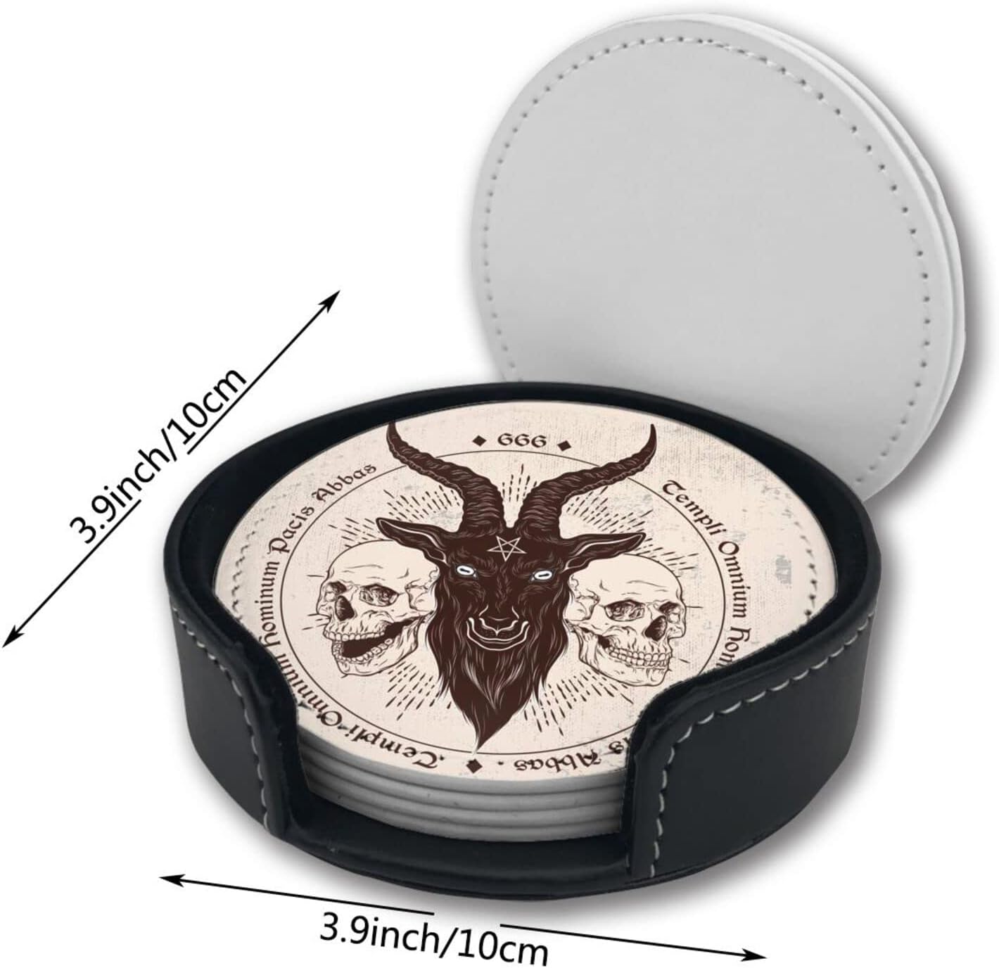 Satan Goat Skull Leather Coasters – Set of 6 with Holder for Coffee Table