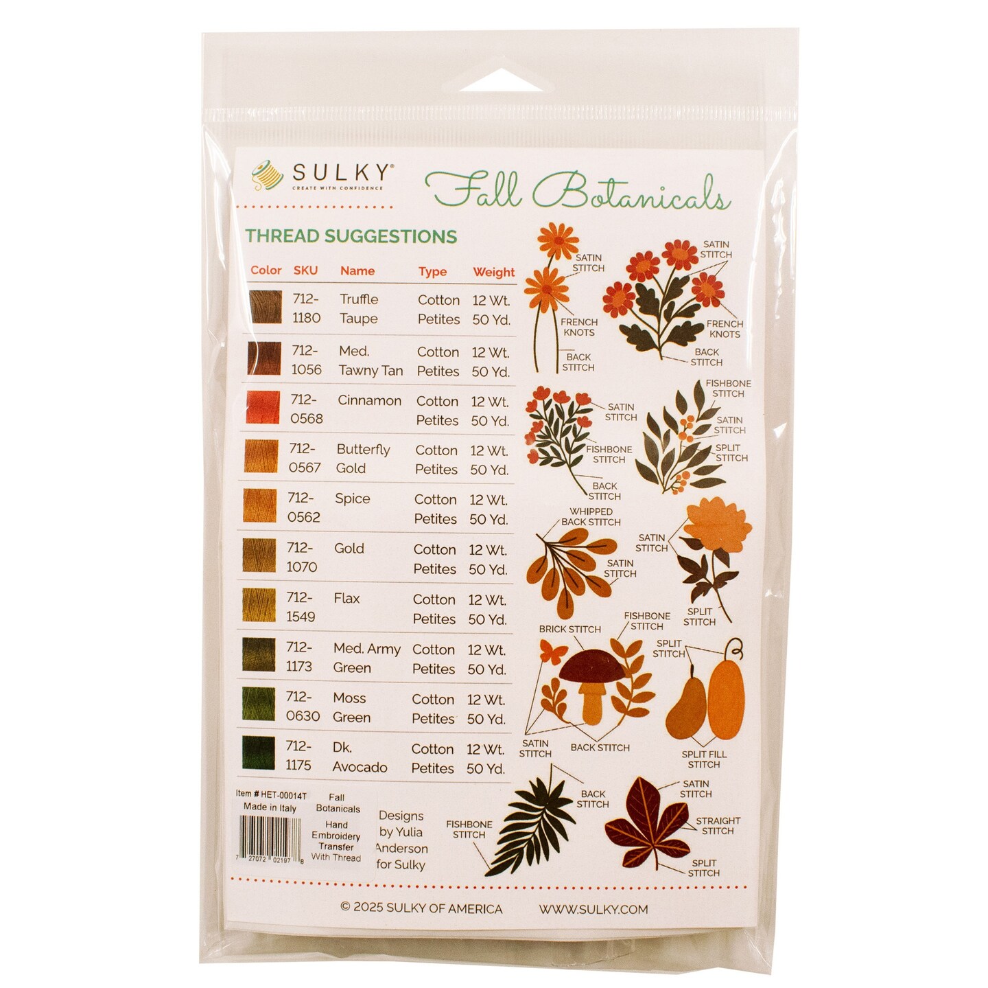 Sulky Stick 'n Stitch Water-Soluble Embroidery Transfers-Fall Botanicals W/Thread
