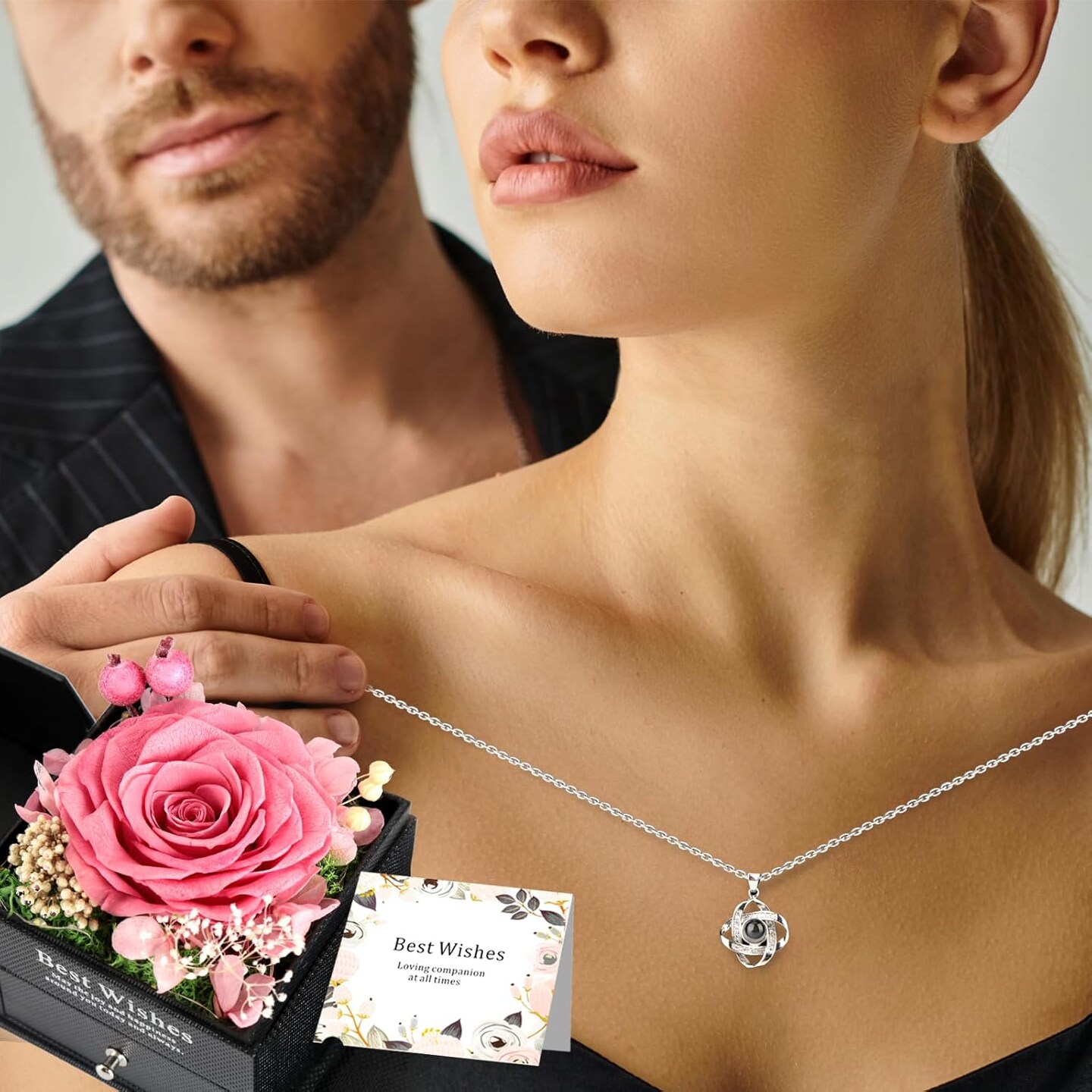 Preserved Rose Flower Gifts with Necklace - PINK