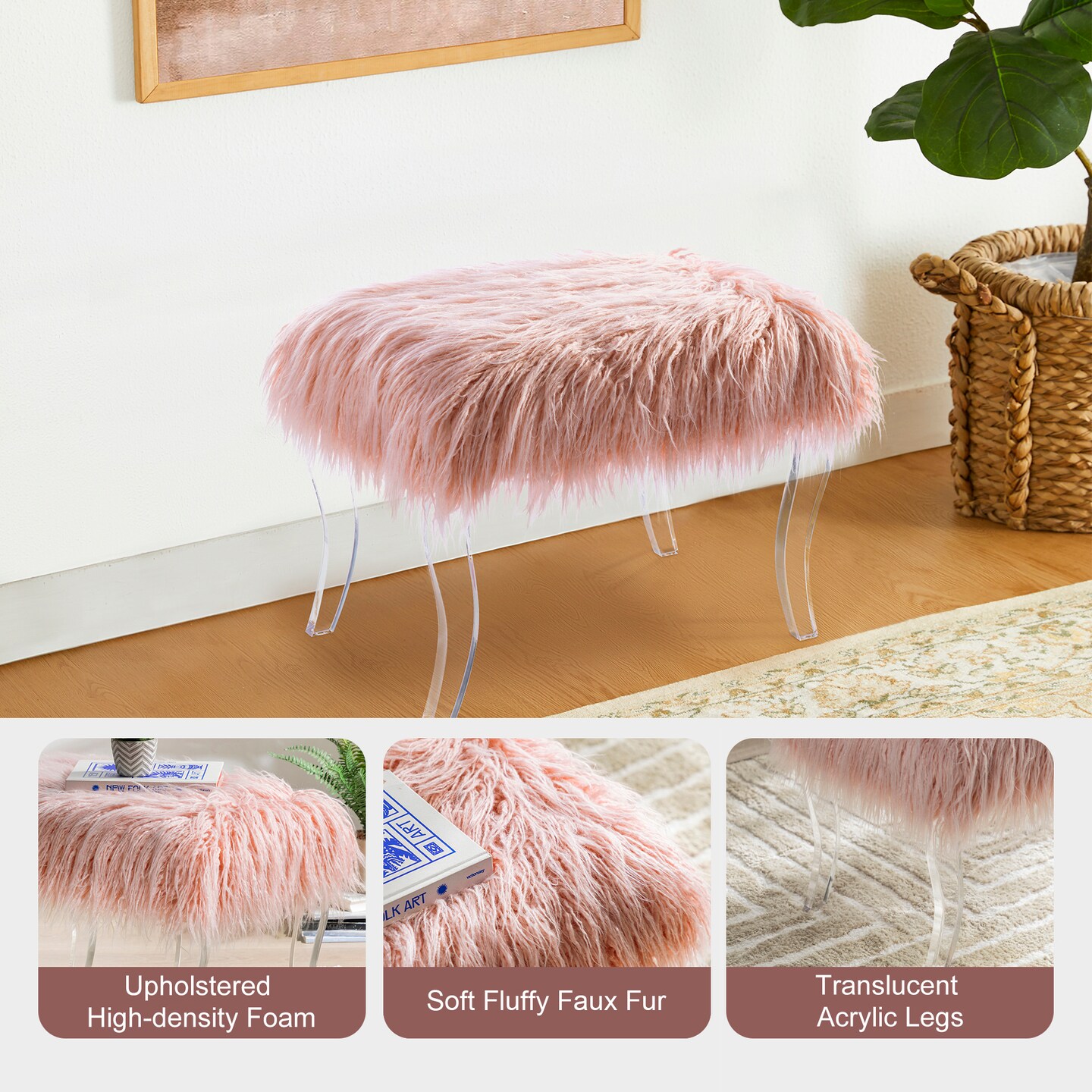 24.00&#x22;L/25.50&#x22;L Pink Faux Fur Acrylic Bench