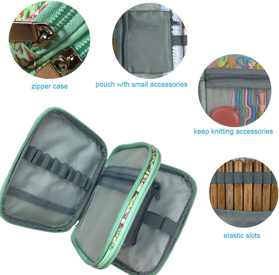 Crochet Hook Organizer Case – Zipper Storage Bag (Hooks Not Included), Large Capacity Crochet Needle Holder with Elastic Bands & Mesh Pockets for Knitting Accessories, Portable Travel Crochet Tool Kit Organizer