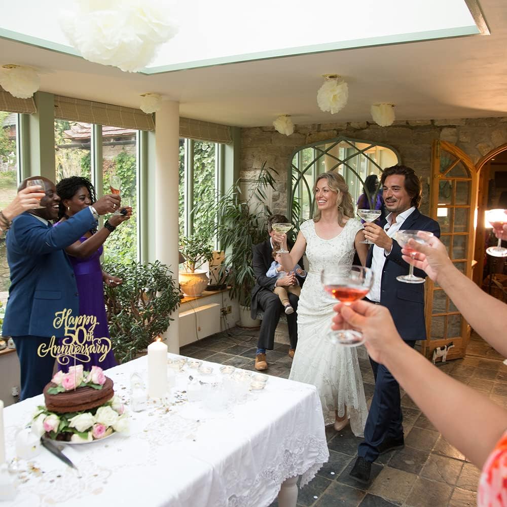 Happy 50th Anniversary Cake Topper - (Gold Glitter) 5"W x 6"H