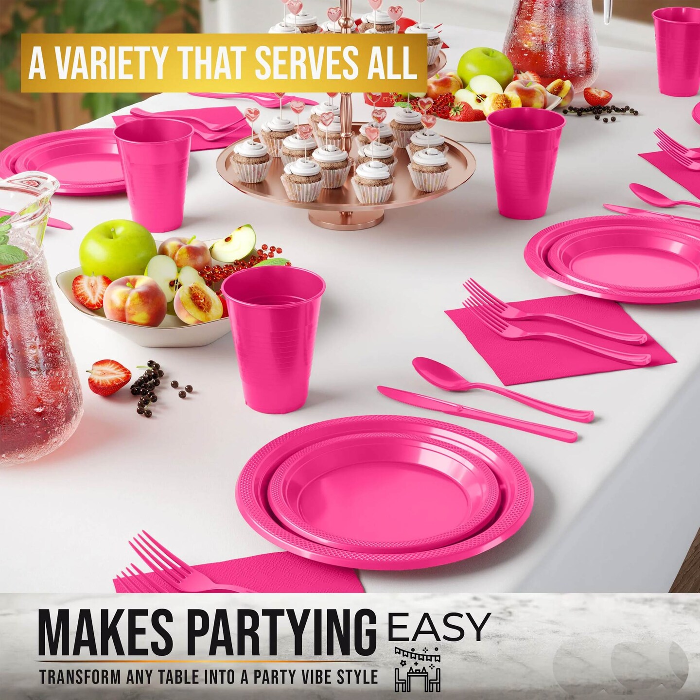 350 Count Hot Pink Plastic Plates and Utensils Combo Set for Wedding, Birthday, and Baby Showers