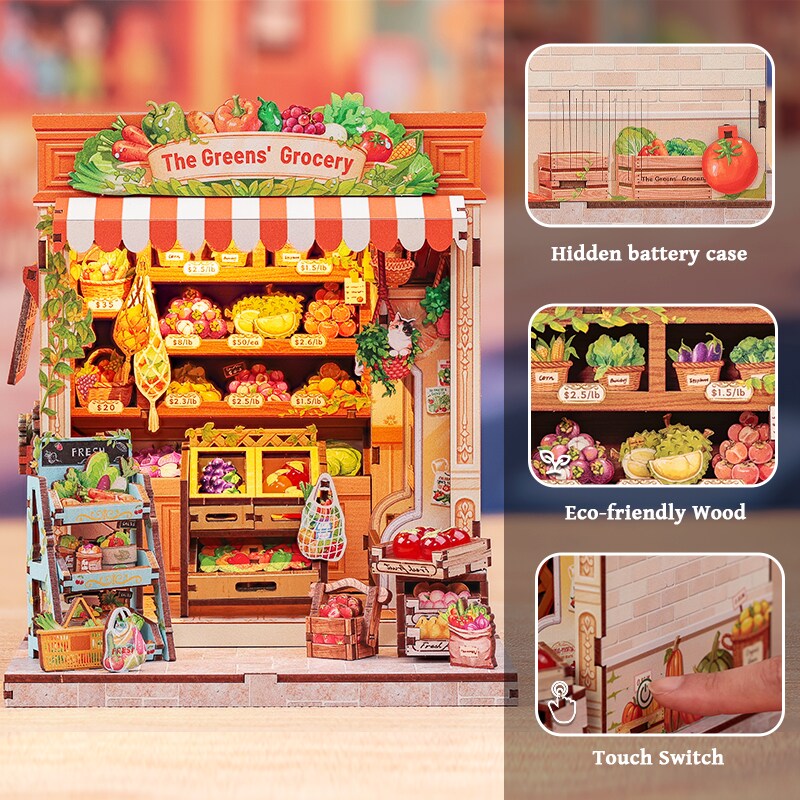 The Greens&#x27; Grocery Dollhouse Kit - Miniature Wizardi Roombox Kit with LED Light F07M51-94-CWGC213