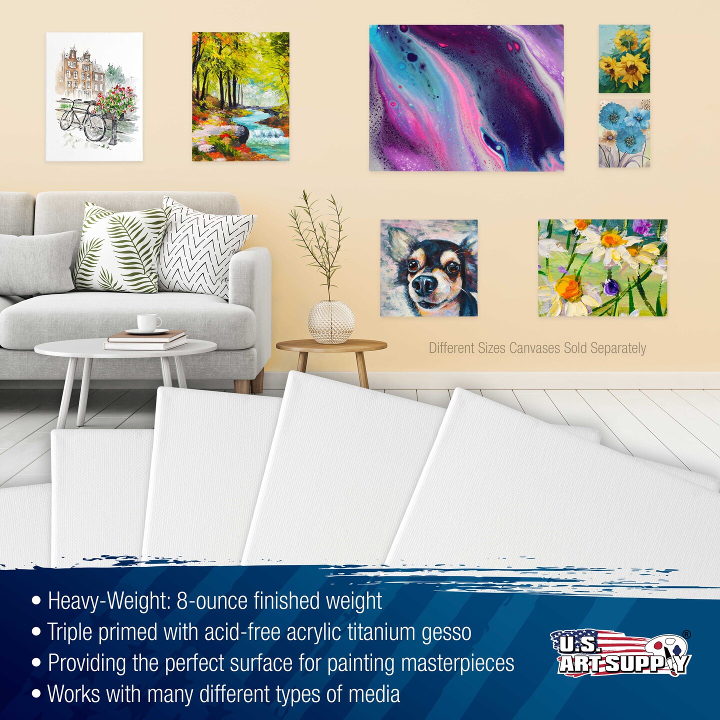 16 x 20 inch Stretched Canvas Super Value 5-Pack - Triple Primed Professional Artist Quality White Blank 5/8&#x22; Profile, 100% Cotton, Heavy-Weight Gesso