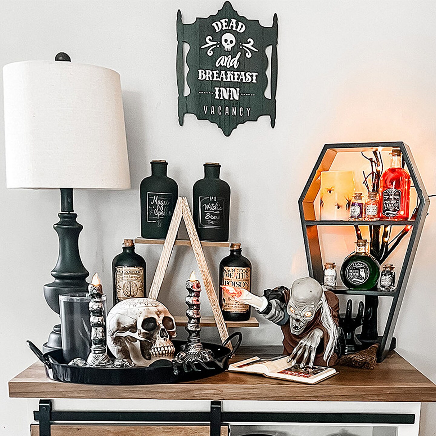 Coffin Shaped 2 Shelf Wooden Halloween Decoration for Spooky Home Display 18 Inches