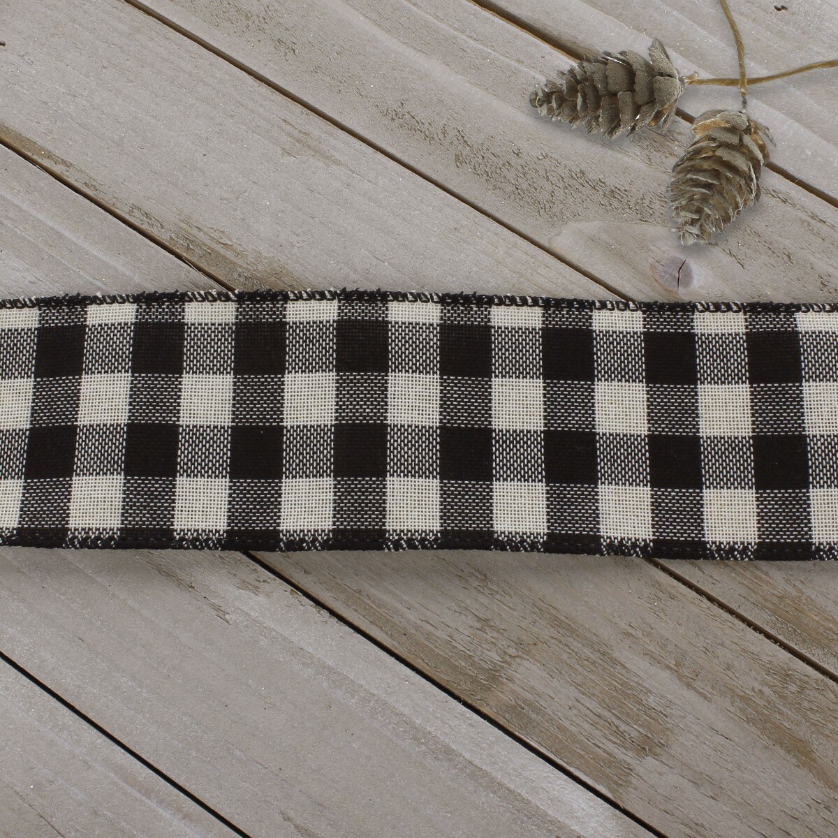 2 1/2&#x22; Wired Ribbon Buffalo Plaid Black/Off-White 10 Yards