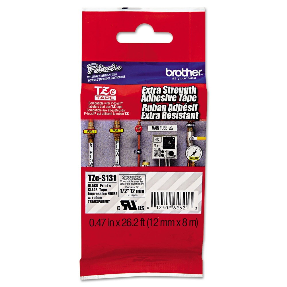 Brother P-Touch 0.47 in. x 26.2 ft. TZe Standard Adhesive Laminated Labeling Tape - Black on Clear