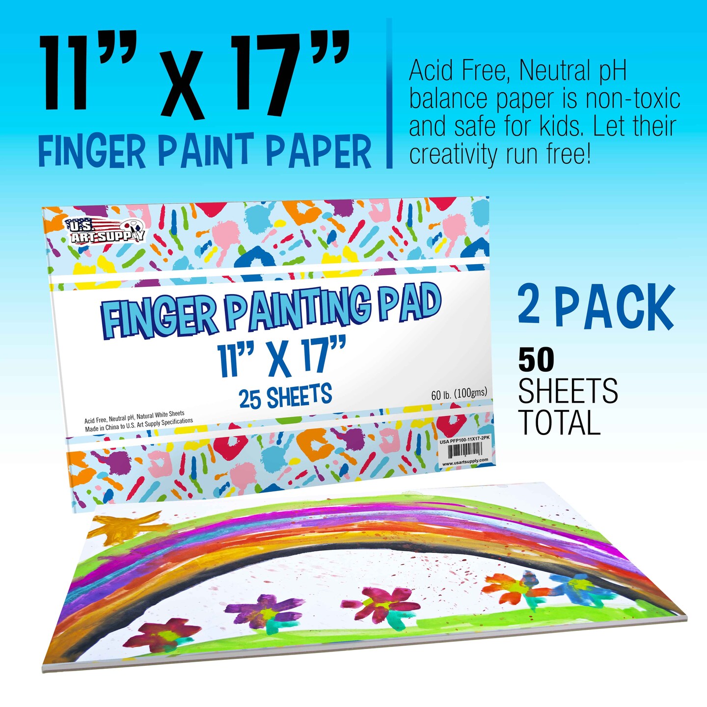 11&#x201D; x 17&#x22; Large Finger Painting Pad (2 Pack, 25 Sheets Each) - 60lb (100gsm) Acid-Free Coated Sheets, Finger Paint Paper for Painting, Drawing, Crafts, Artwork - Kids, Toddlers