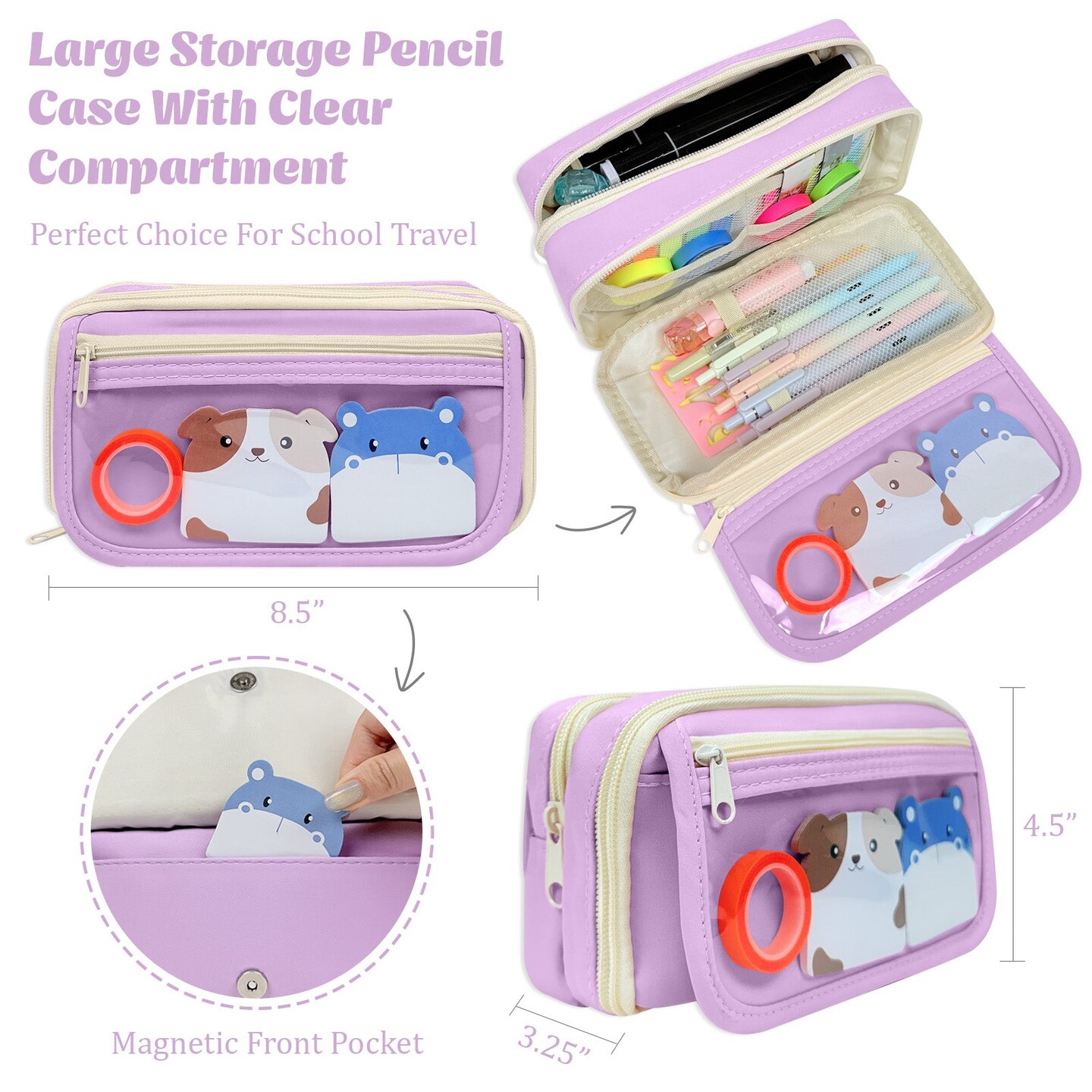 Wrapables 9-Layer Large Capacity Pencil Case with Transparent Compartment, Organizer Pouch for Stationery Tools, Makeup, and Travel, Lavender