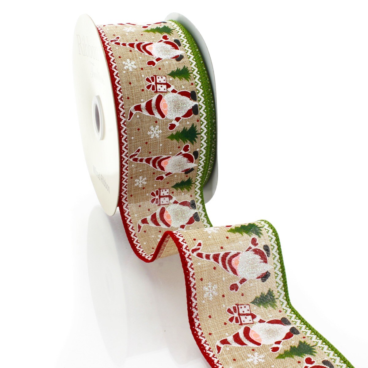 2 1/2" Wired Ribbon Nordic Christmas Gnomes on Burlap - 25 Yards