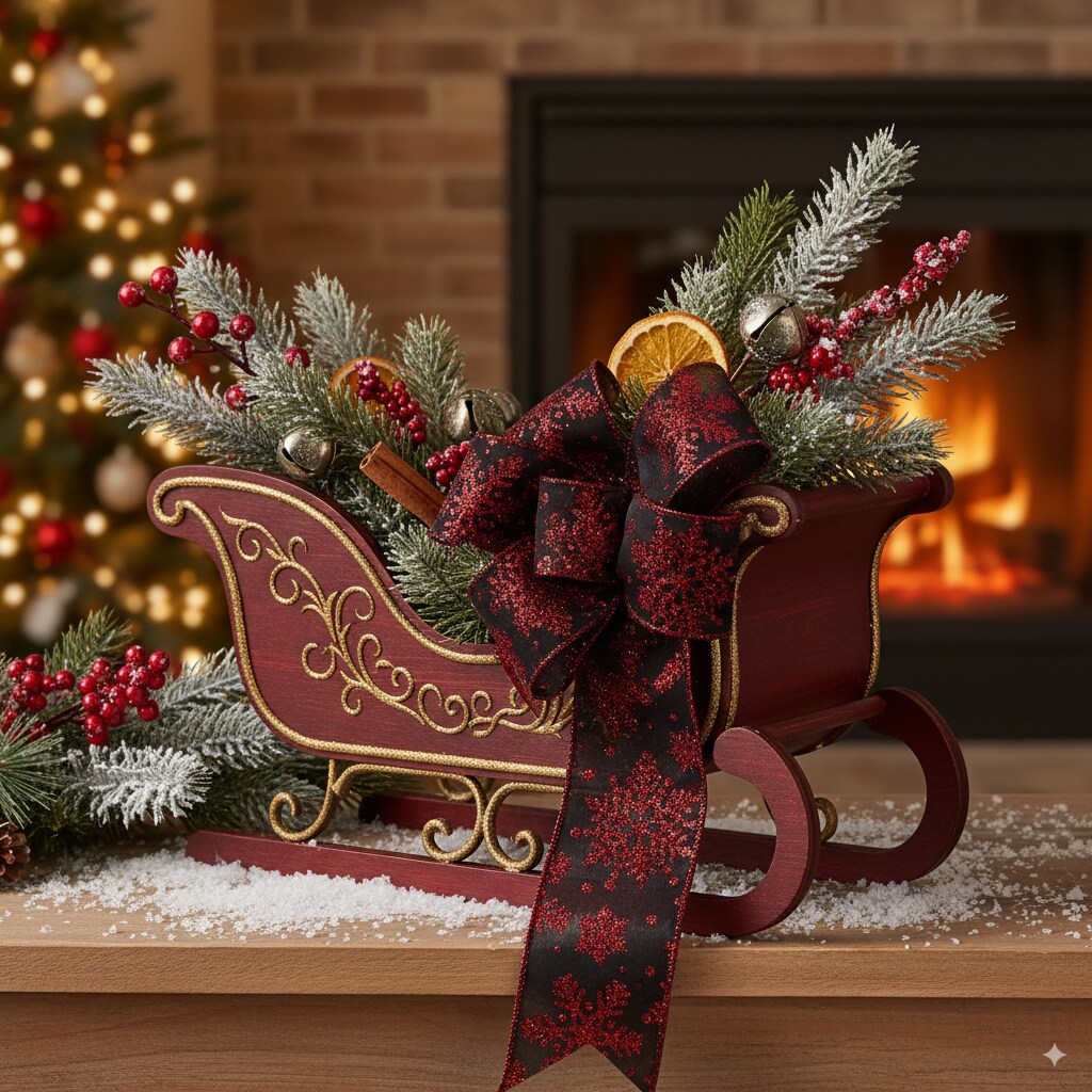 2 1/2" Wired Ribbon Glitter Snowflakes Satin Black/Red - 25 Yards